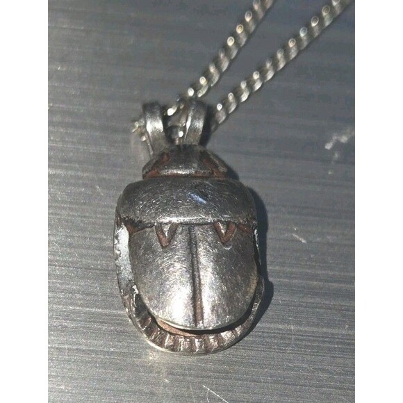 Vintage Sterling Silver Egyptian Scarab Beetle Pendant Chain Necklace 19" - Picture 4 of 11